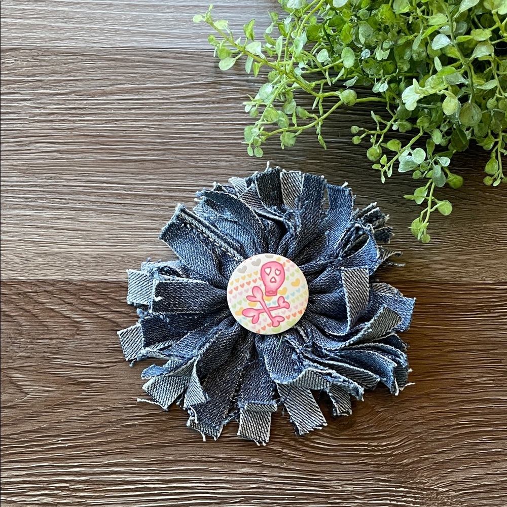 Denim Flower Brooch with Skull and Crossbones Button Raw Edge Denim
